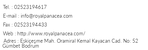 Royal Panacea Hotel telefon numaralar, faks, e-mail, posta adresi ve iletiim bilgileri